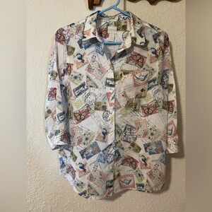 Chico's Colorful Postage Print Blouse Linen Vacation Beach Feminine Travel